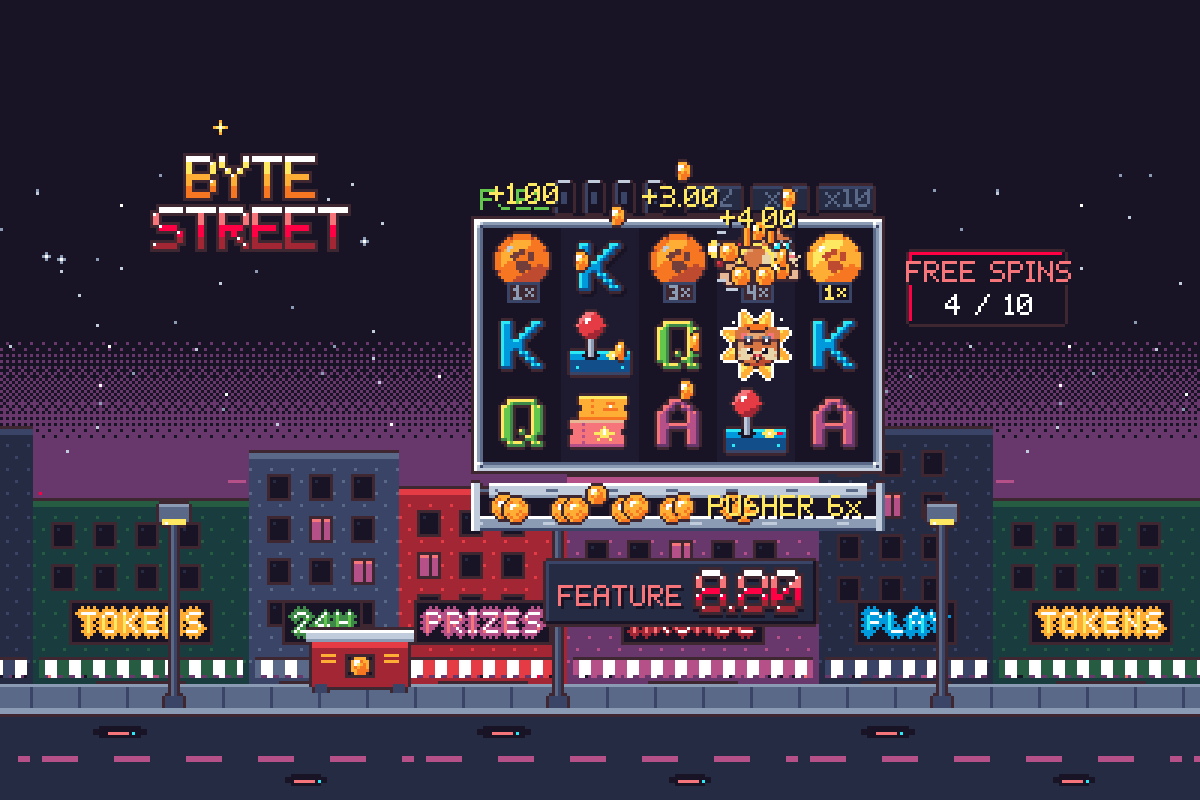 Byte Street gameplay: a pixel-art hamster in aviator goggles flying a soda-can rocket across five reels of arcade cabinets, joysticks and gold tokens with values on them, above a coin-pusher tray on a neon street at night