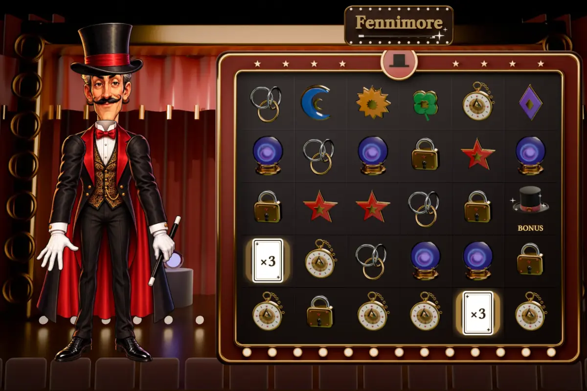 Fennimore gameplay: a vaudeville magician in a top hat and crimson-lined cape beside a six by five stage of crystal balls, padlocks, pocket watches and enamel stars, with trick cards turned face up