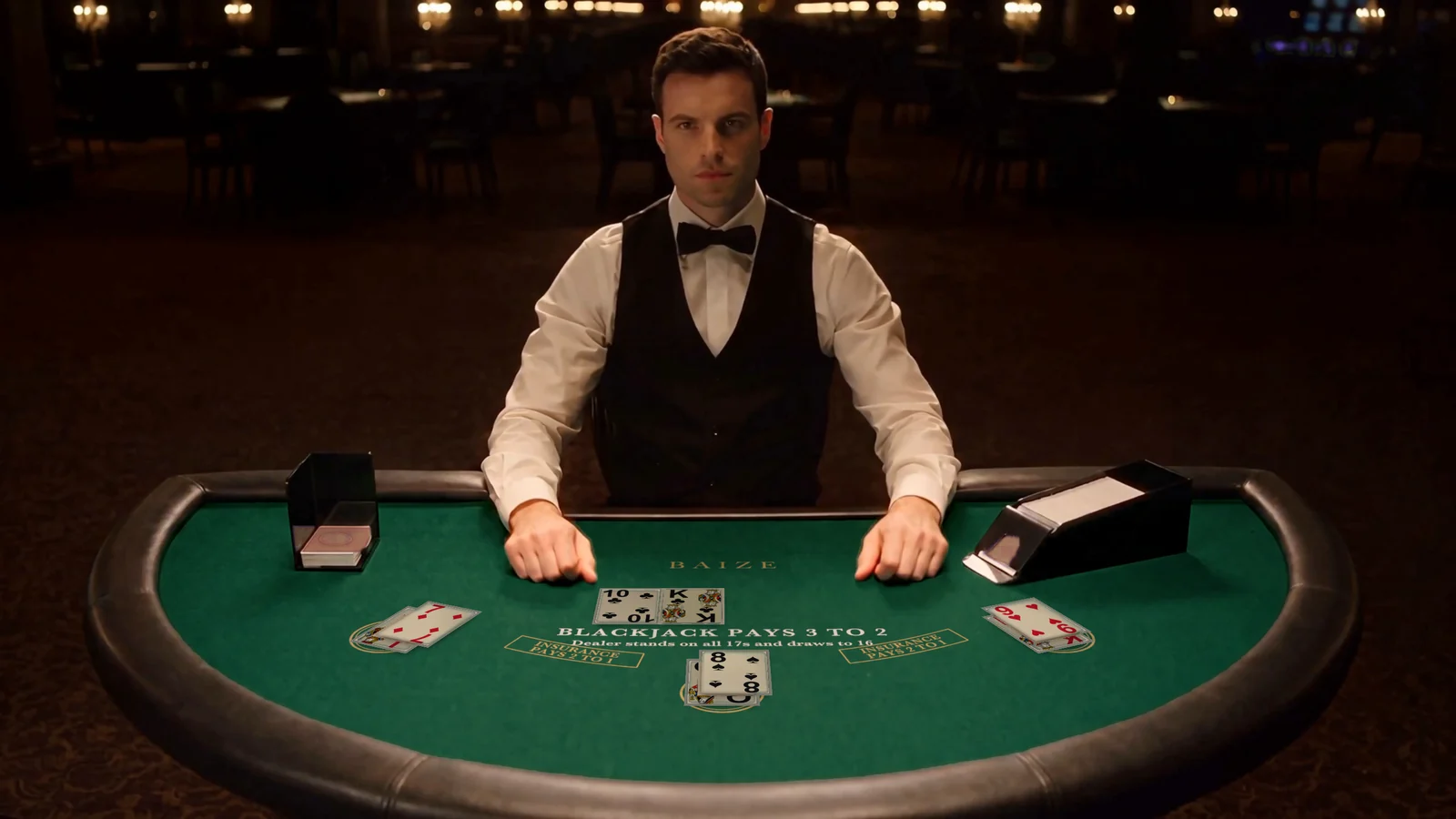 AI Live Blackjack: an AI-generated dealer at a green felt table on a dim casino floor, two cards dealt to each of three seats and two to the dealer