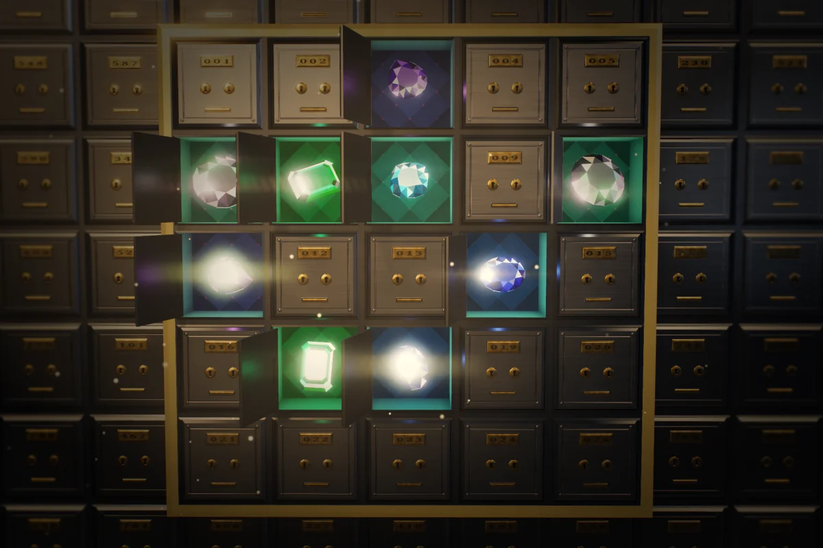 Mines in the strongroom: a wall of steel deposit boxes, open on cut gems from aquamarine to a rose heart